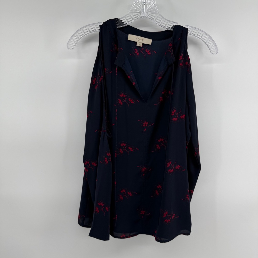 LOFT Navy Blue Red Floral Cold Shoulder Tie Neck Blouse Top Women's Size S